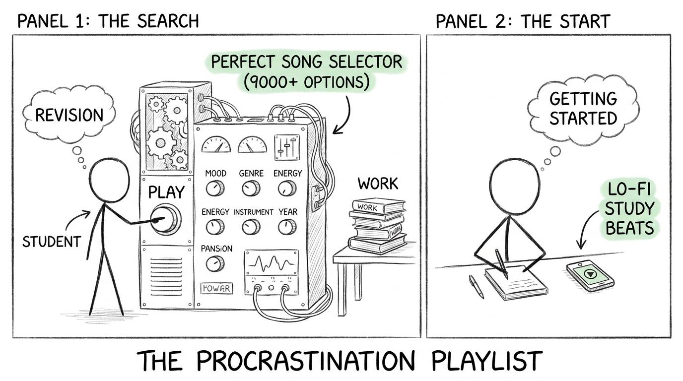 A student stops adjusting an enormous perfect-playlist machine and begins revising with one simple playlist