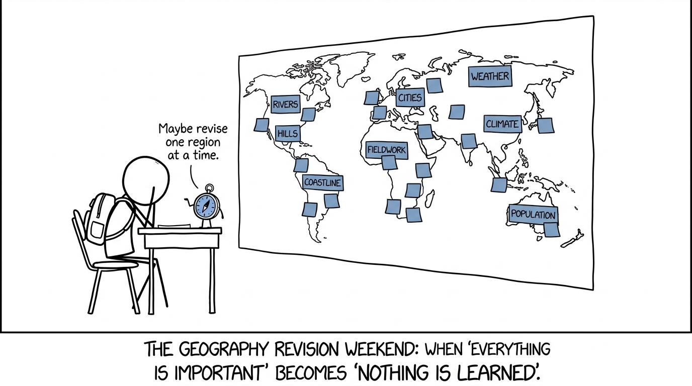 A student negotiates with an intimidating wall of geography notes