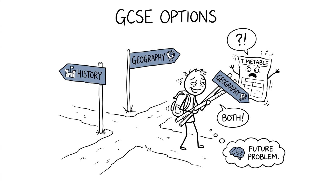 A student calmly choosing both History and Geography at the GCSE options crossroads