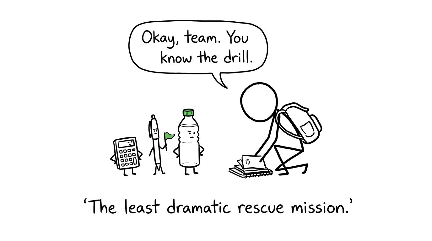 An exam kit preparing for a remarkably undramatic mission