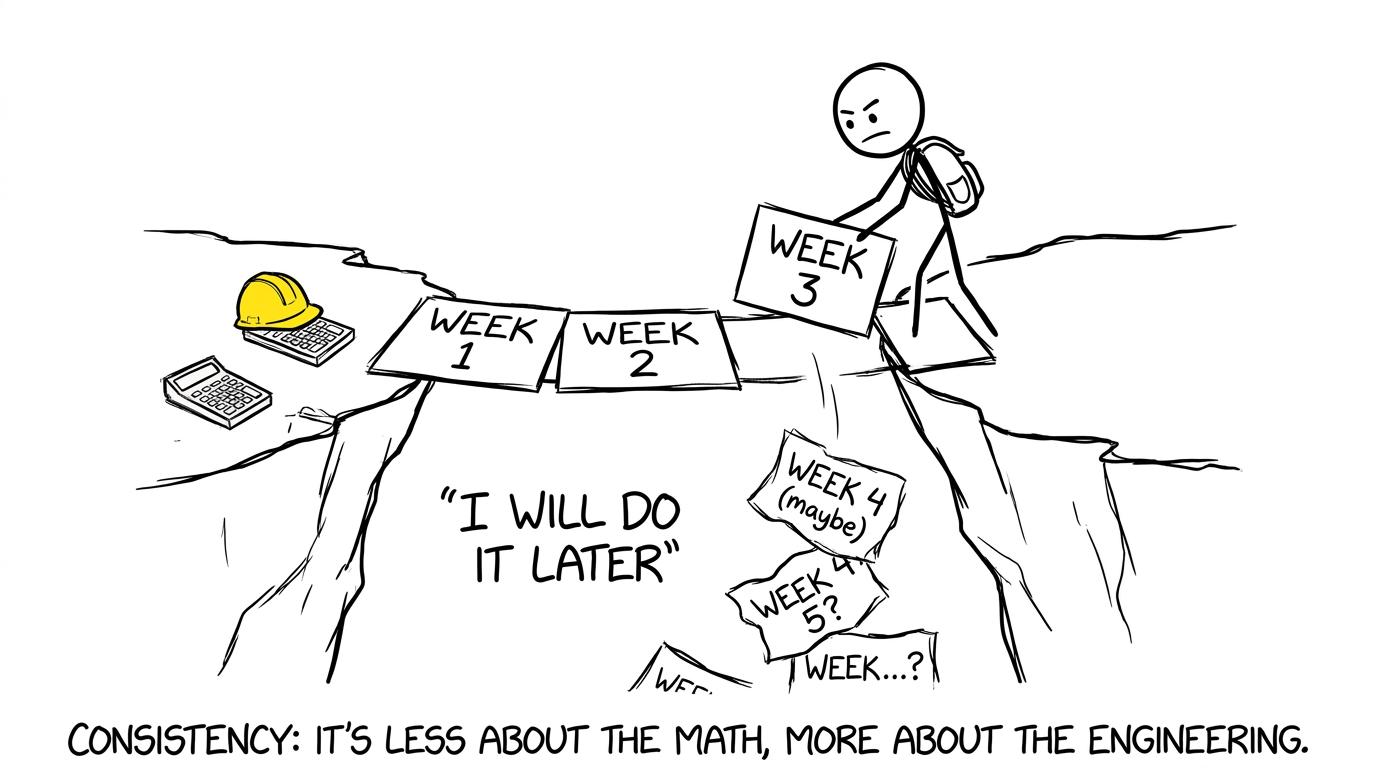 A student builds a bridge over procrastination using weekly revision cards