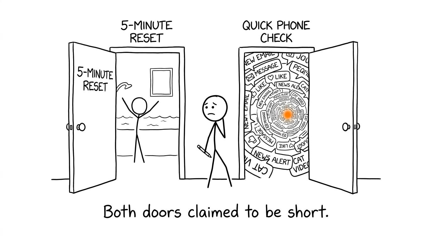 A five-minute reset competes with the endless tunnel behind a quick phone check