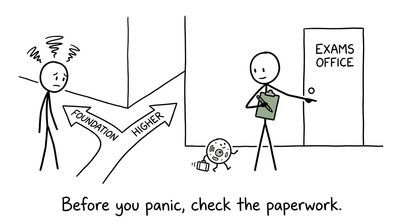 A student checks the paperwork before panicking about Foundation and Higher tiers