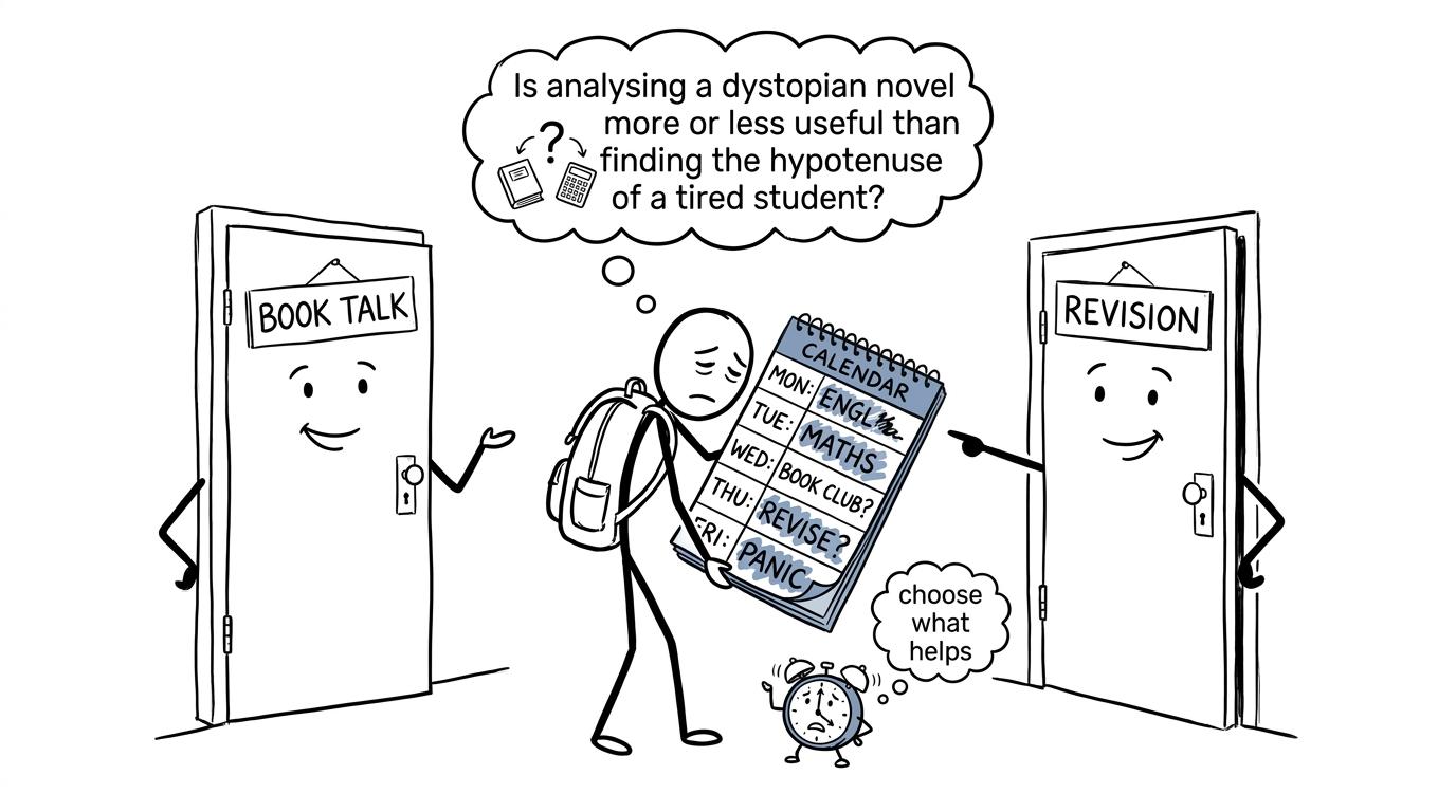 A GCSE student choosing between book club and revision while holding an overloaded calendar