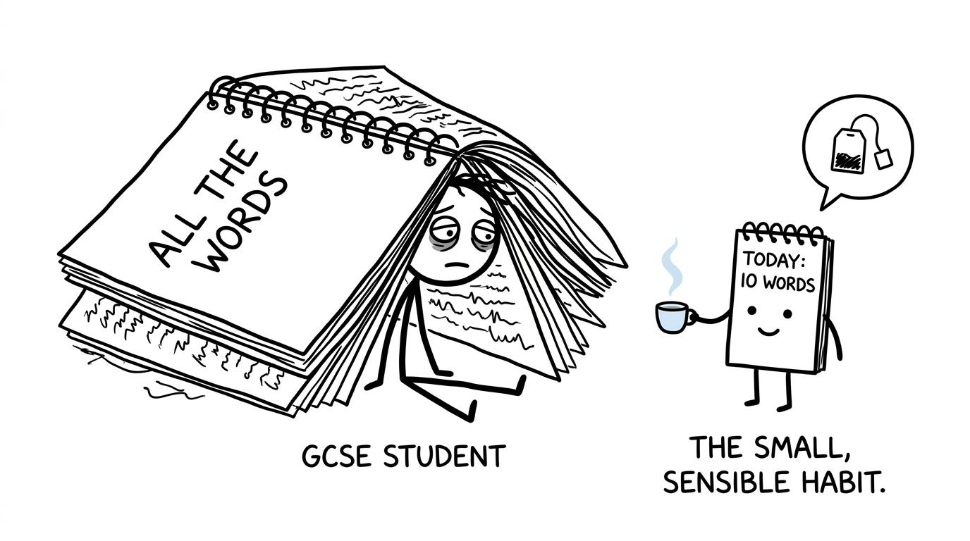 A small daily vocabulary notebook calmly defeats an enormous pile of unfocused revision