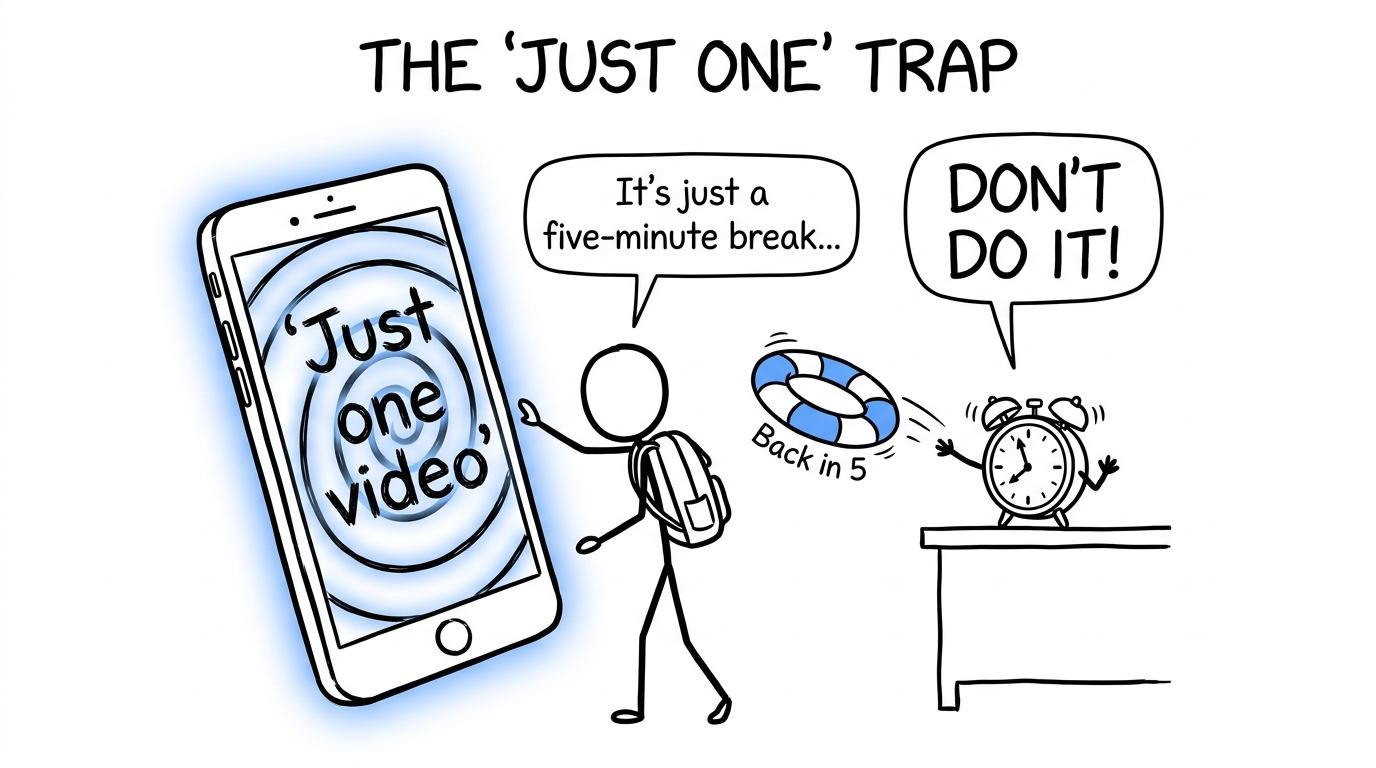 A revision student escapes the just-one-video phone whirlpool