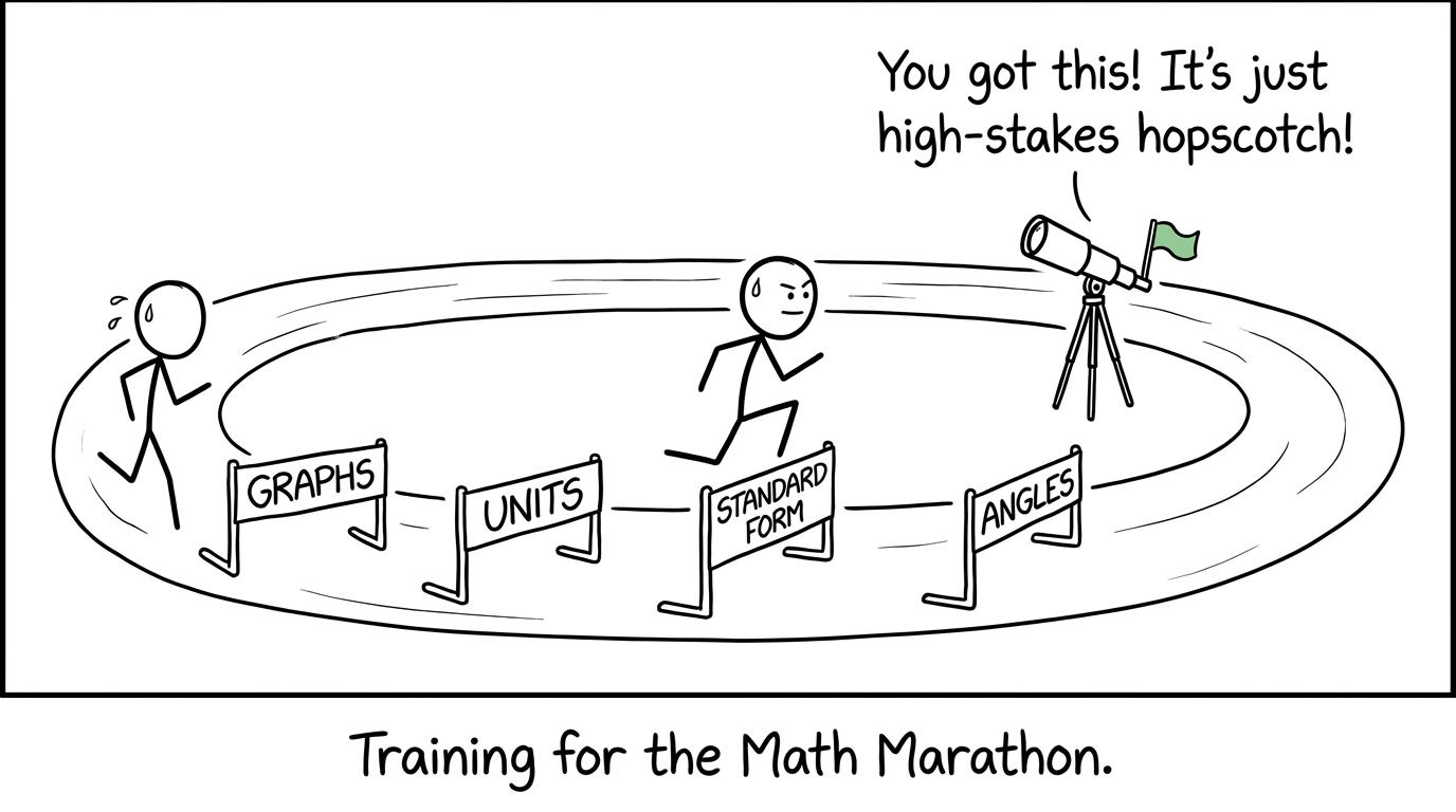 A student clearing revision hurdles while a telescope cheers