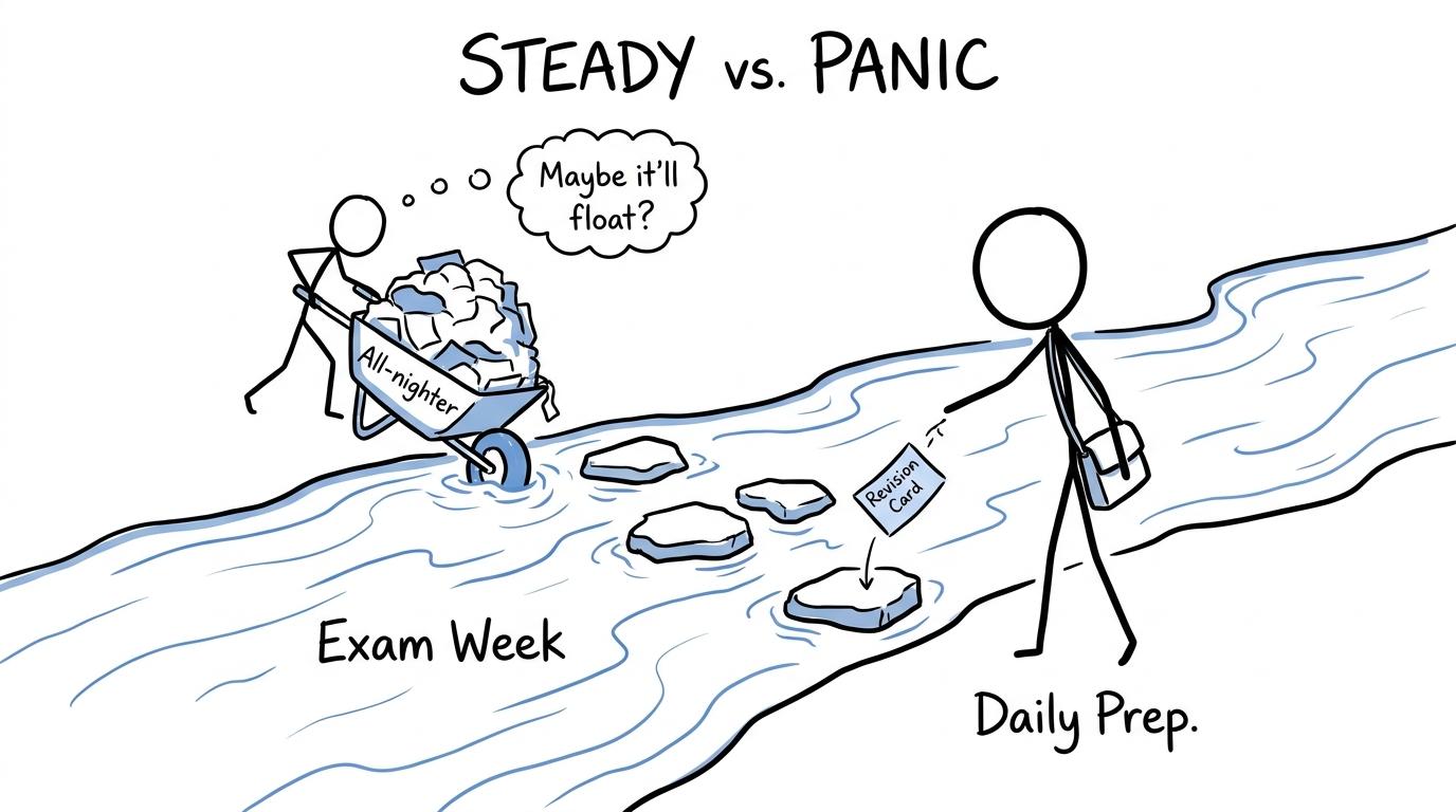 Daily revision cards crossing exam week while an all-nighter falls into the river