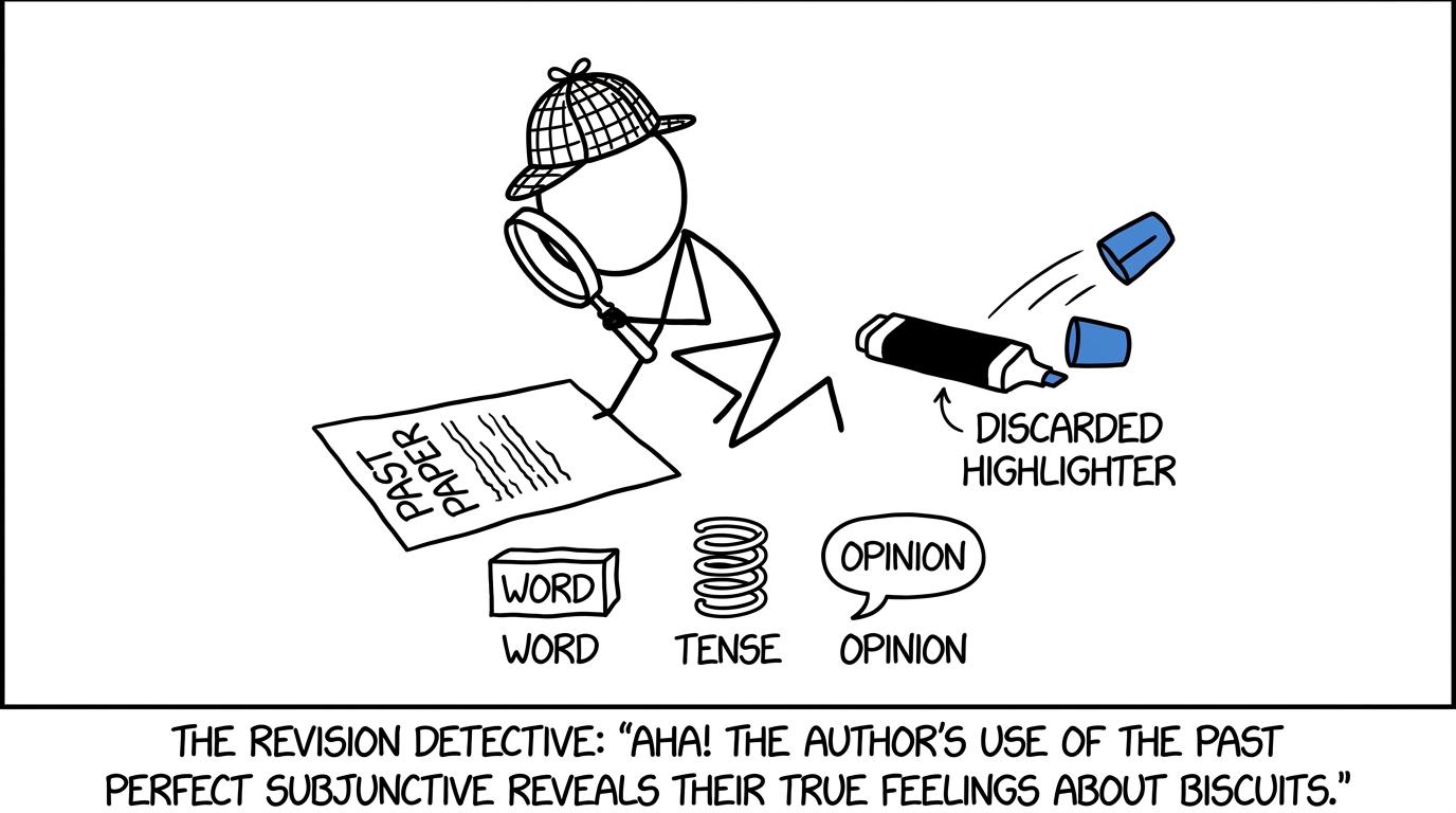 A student detective searches a past paper for clues about word, tense and opinion