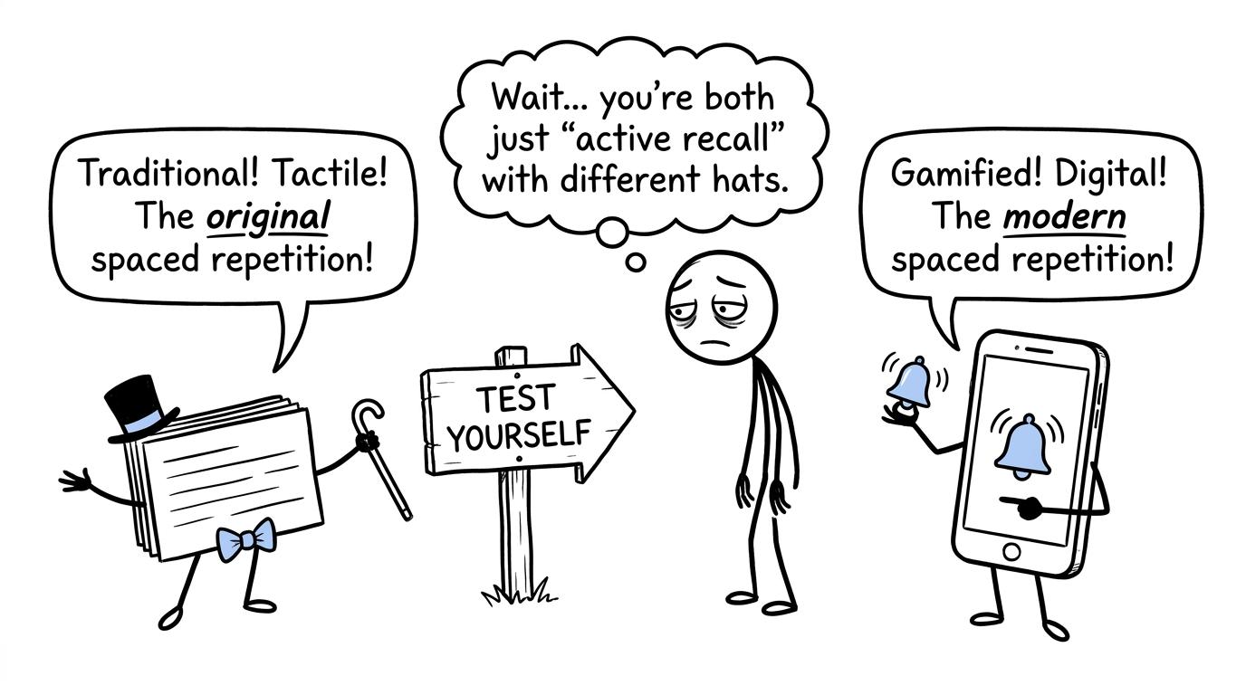 A student discovers that paper cards and apps both depend on self-testing