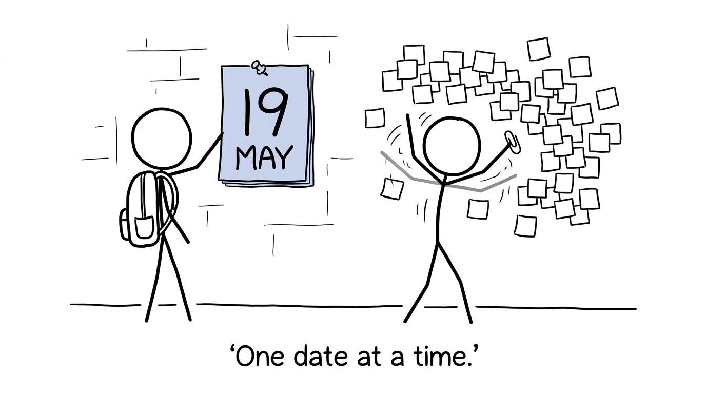 A student pins 19 May to a revision calendar while loose subject notes escape