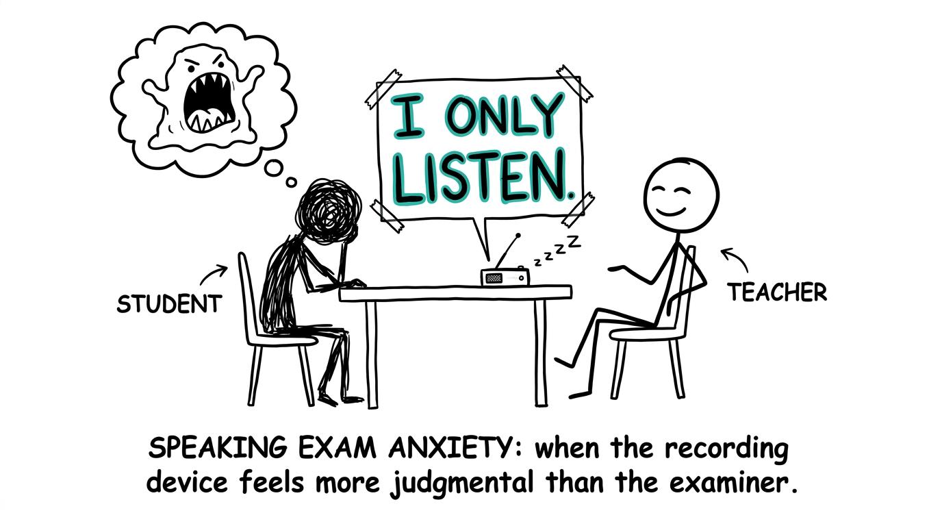 A harmless recorder listens while a student imagines it as a monster