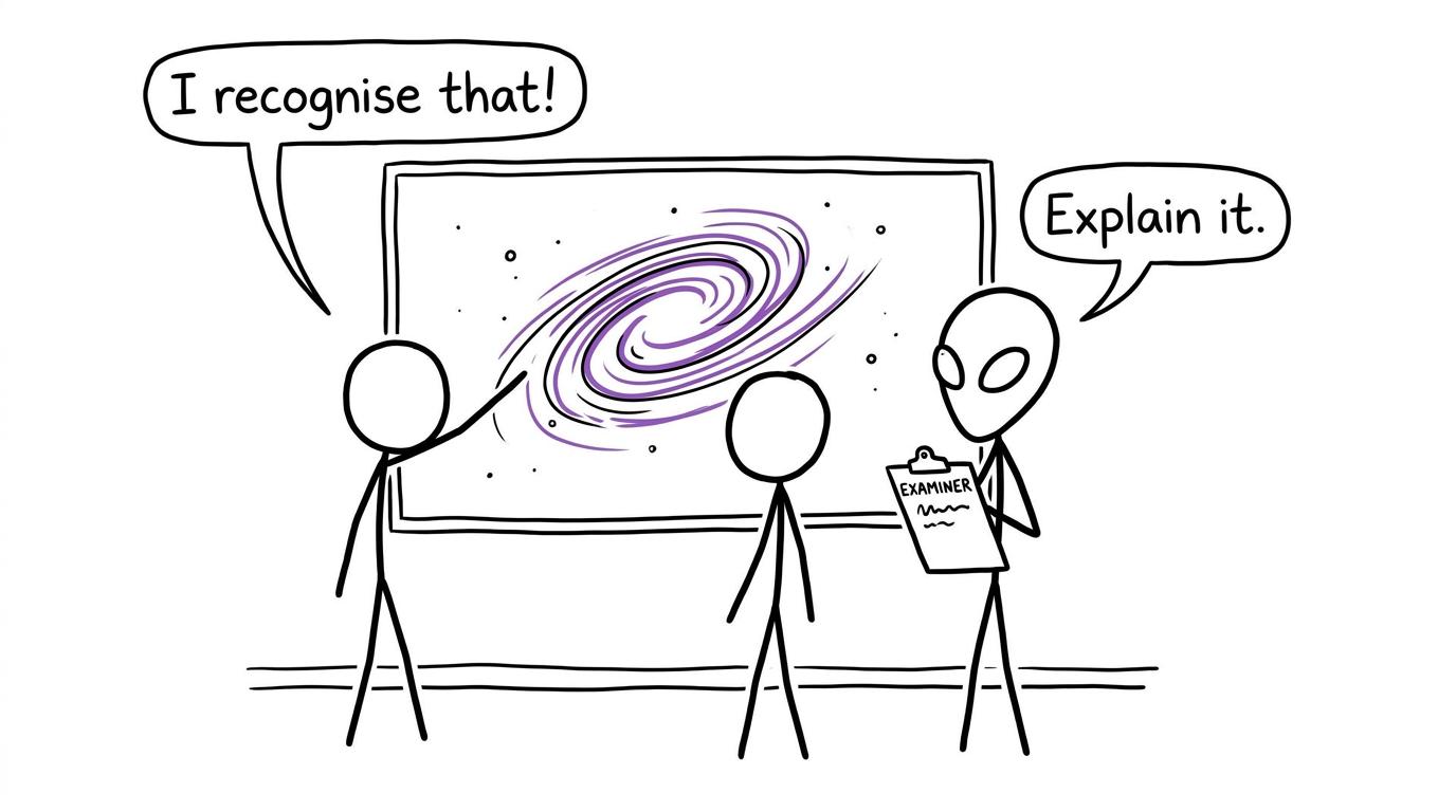 A humorous space examiner asks for explanation rather than recognition