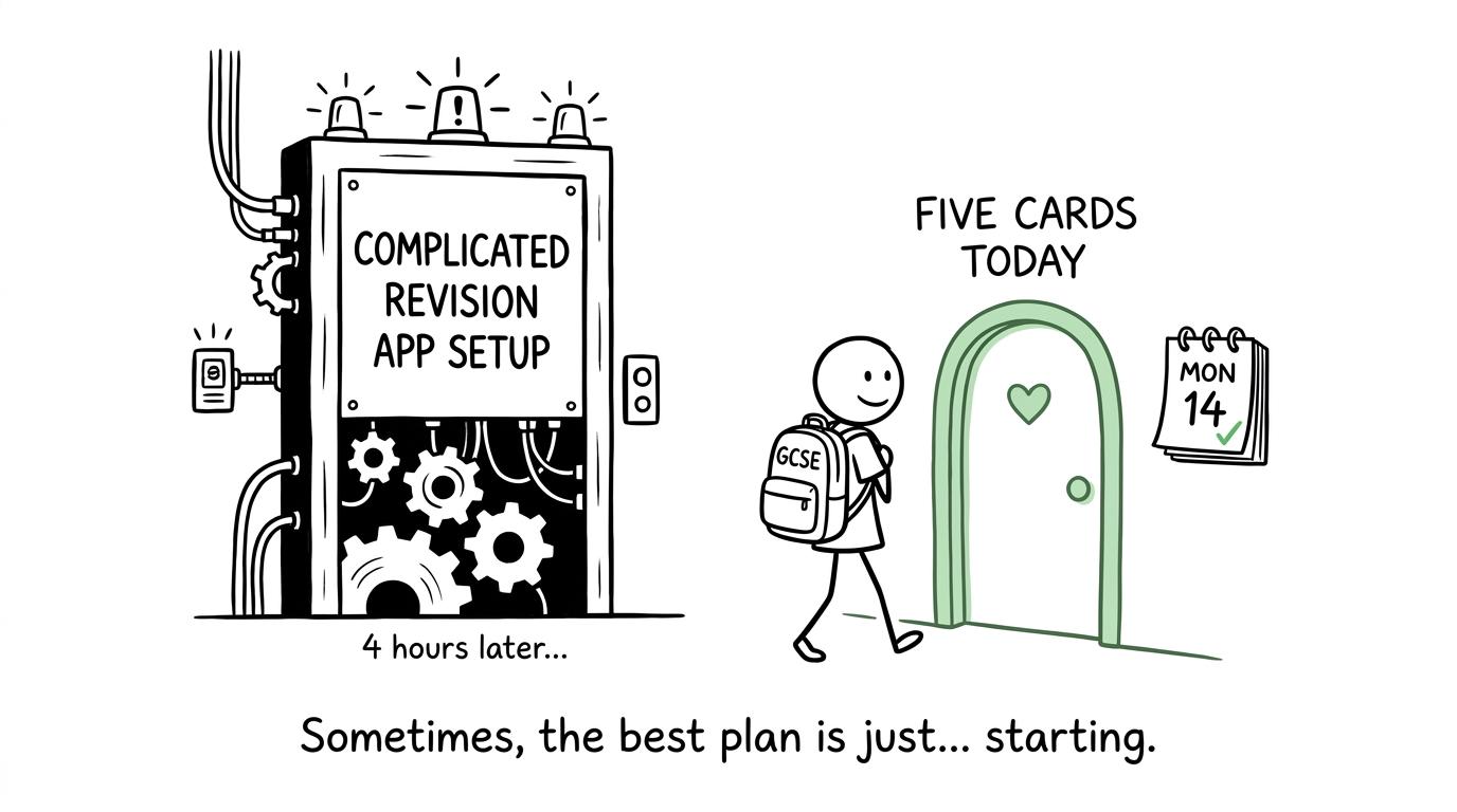 A student chooses five cards instead of entering a machine built for complicated revision