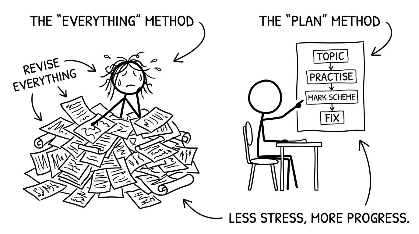Two stick figures: chaotic revision vs calm plan