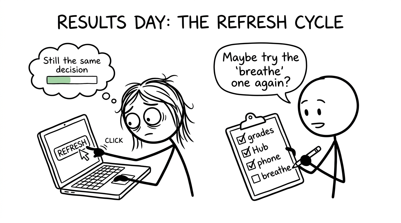 A student refreshes a results page while a friend offers a calmer checklist