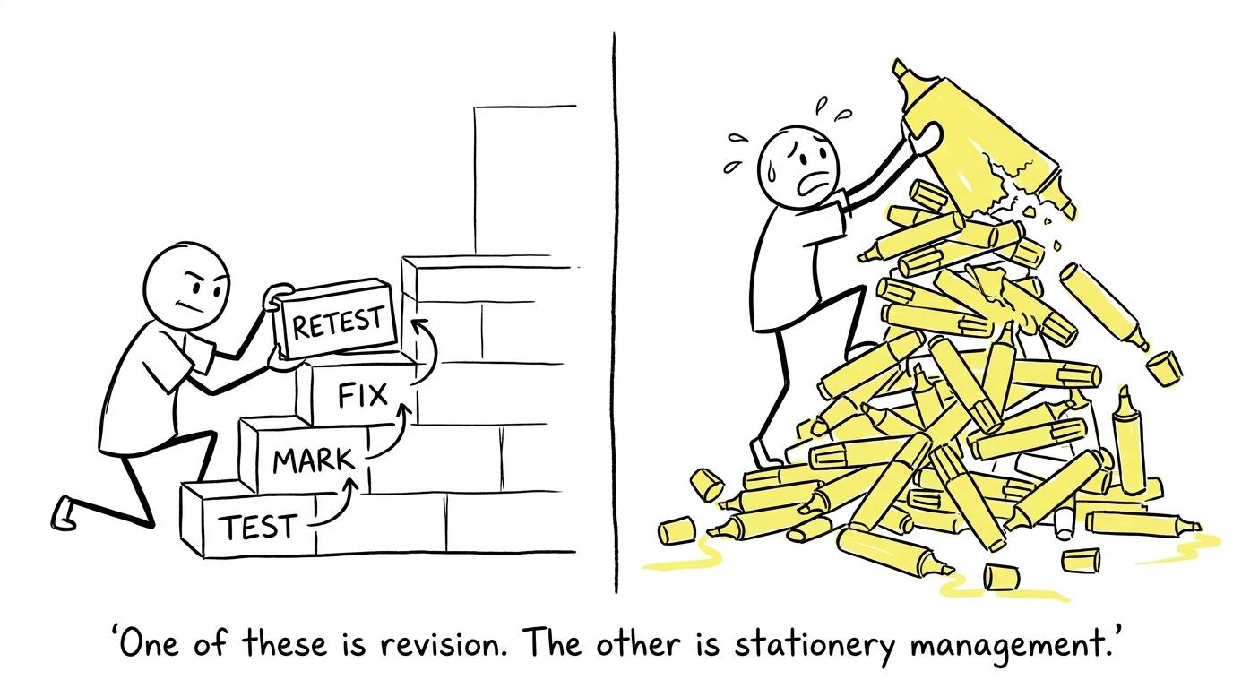 One student builds a staircase from testing and feedback while another climbs a mountain of highlighters