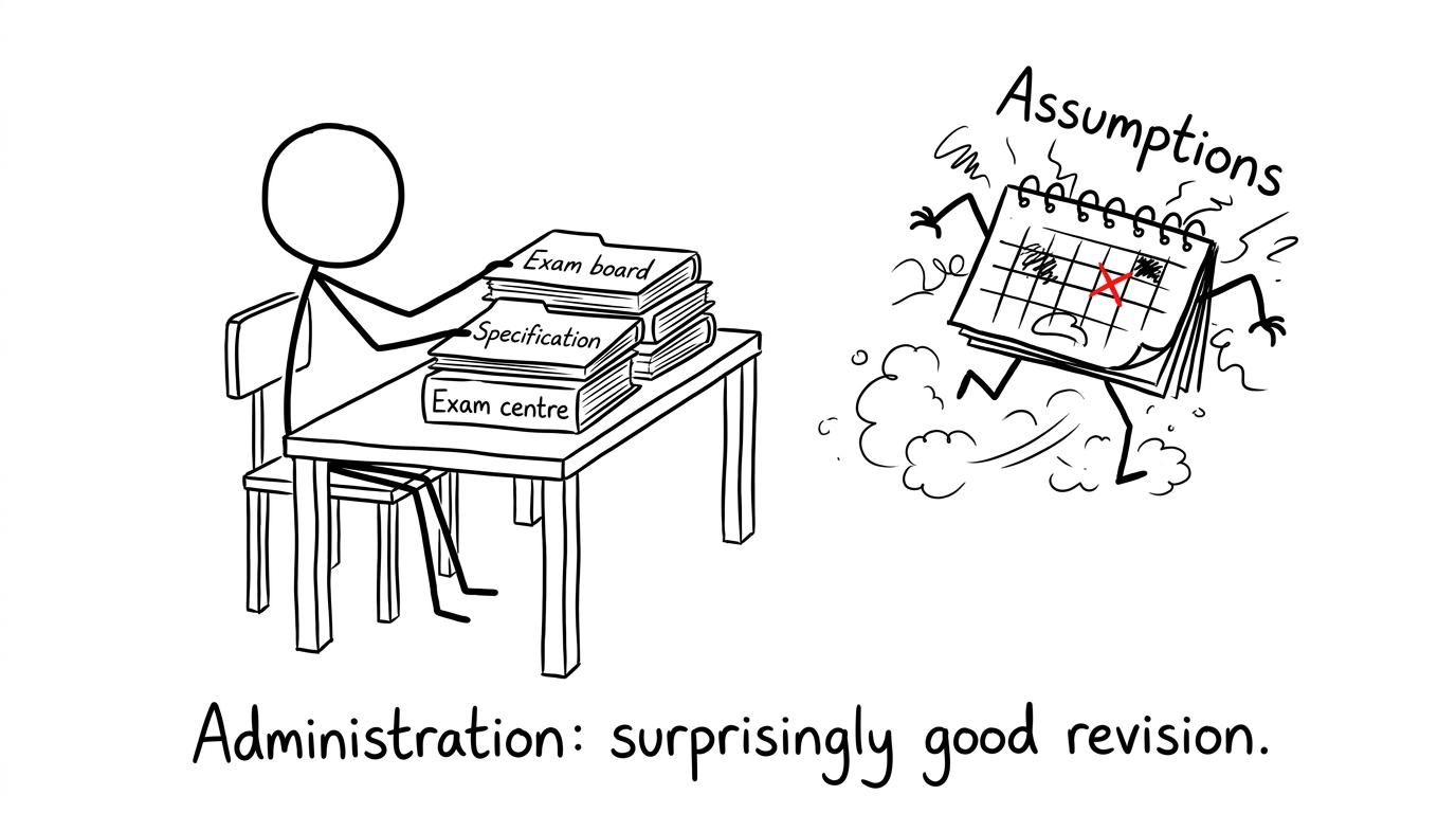 A student defeats assumptions by organising exam-board and exam-centre details