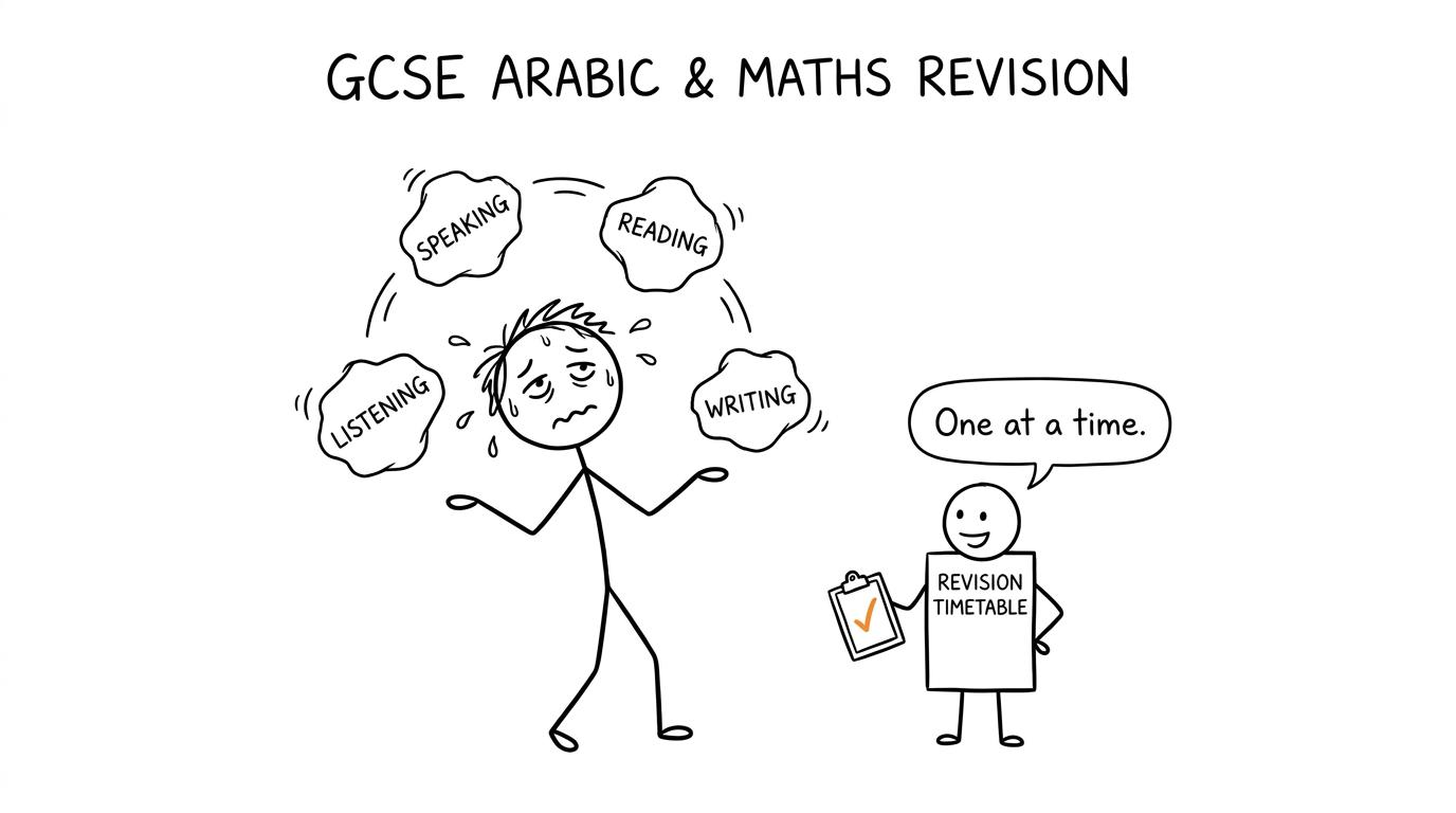 A student balancing the four Arabic skills while a timetable keeps revision calm