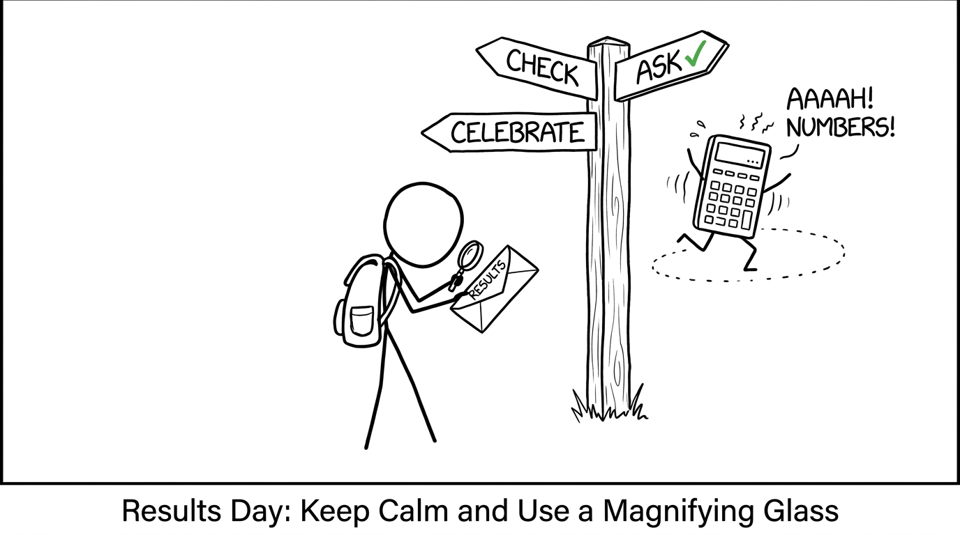A student calmly chooses between celebrating, checking and asking while a calculator panics