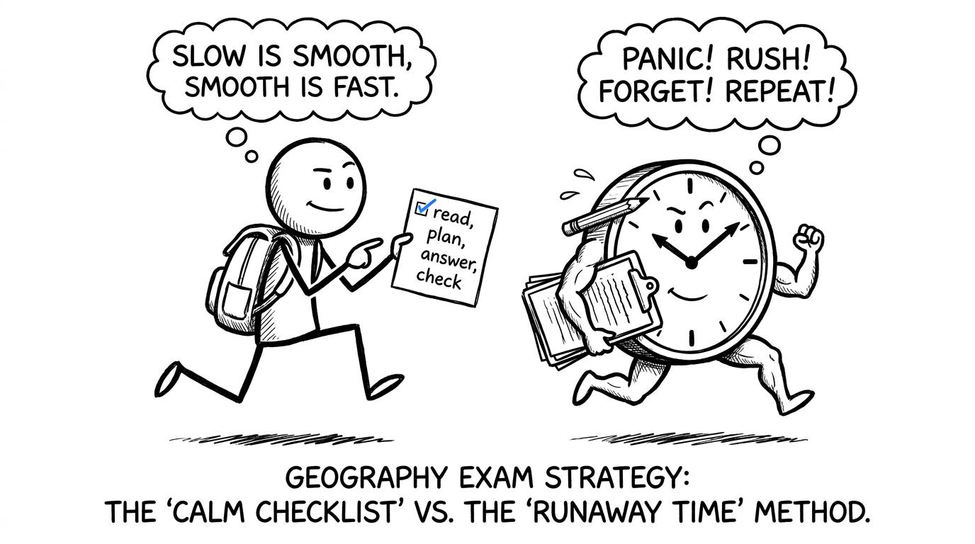 A student calmly racing an exam clock with a short checklist