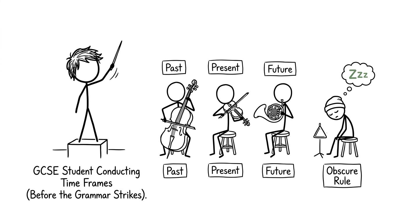A student conducts an orchestra of past, present and future while an obscure grammar rule sleeps