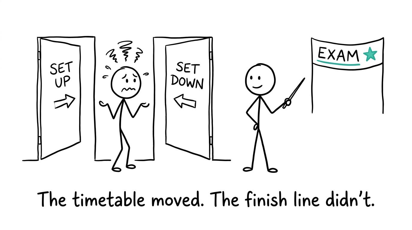 A student realises that changing classroom does not move the exam finish line