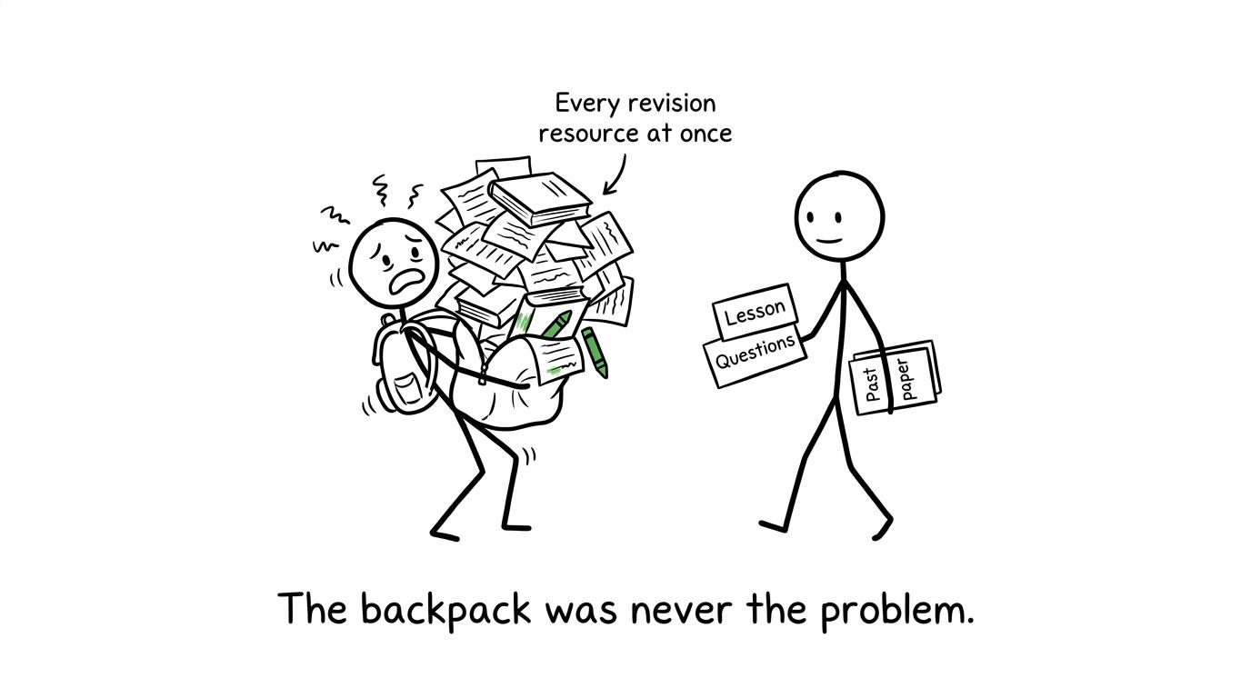 One student carries every resource while another follows a simple revision sequence