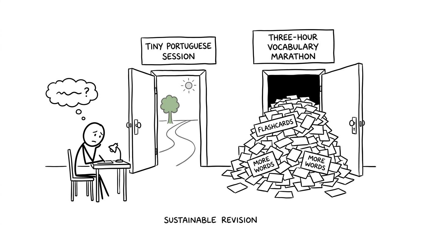 A student chooses between a small Portuguese session and a mountain of flashcards