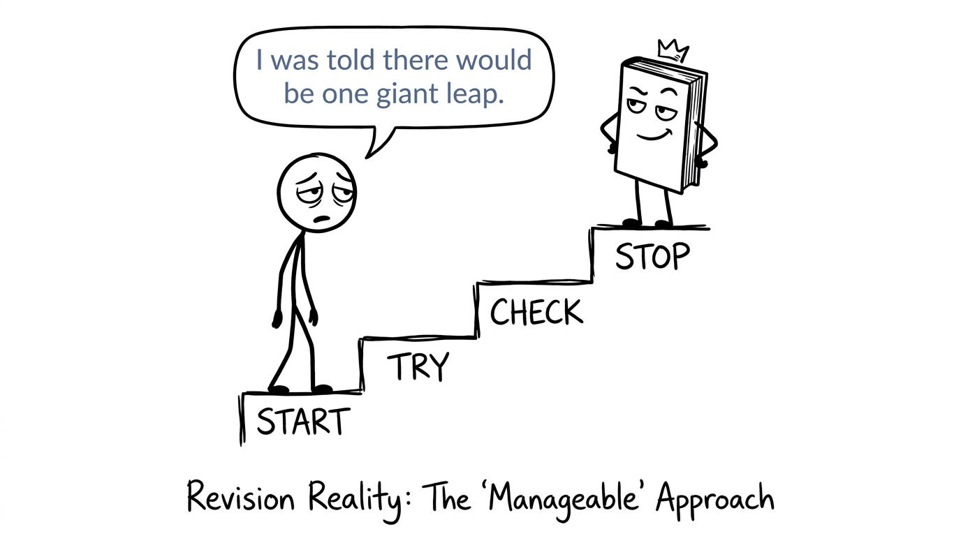 A student choosing small revision steps instead of one giant leap