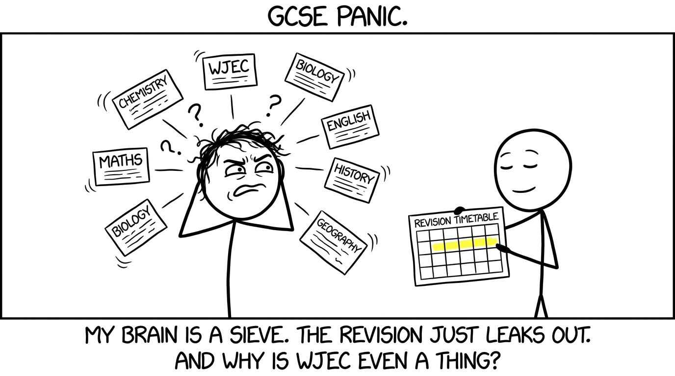 A student surrounded by flashcards and a calm friend with a timetable