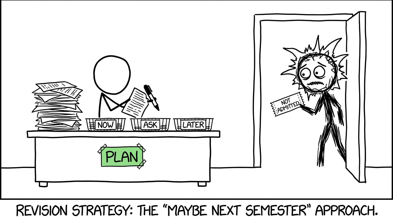 A calm student sorts results-day tasks while the panic monster waits outside