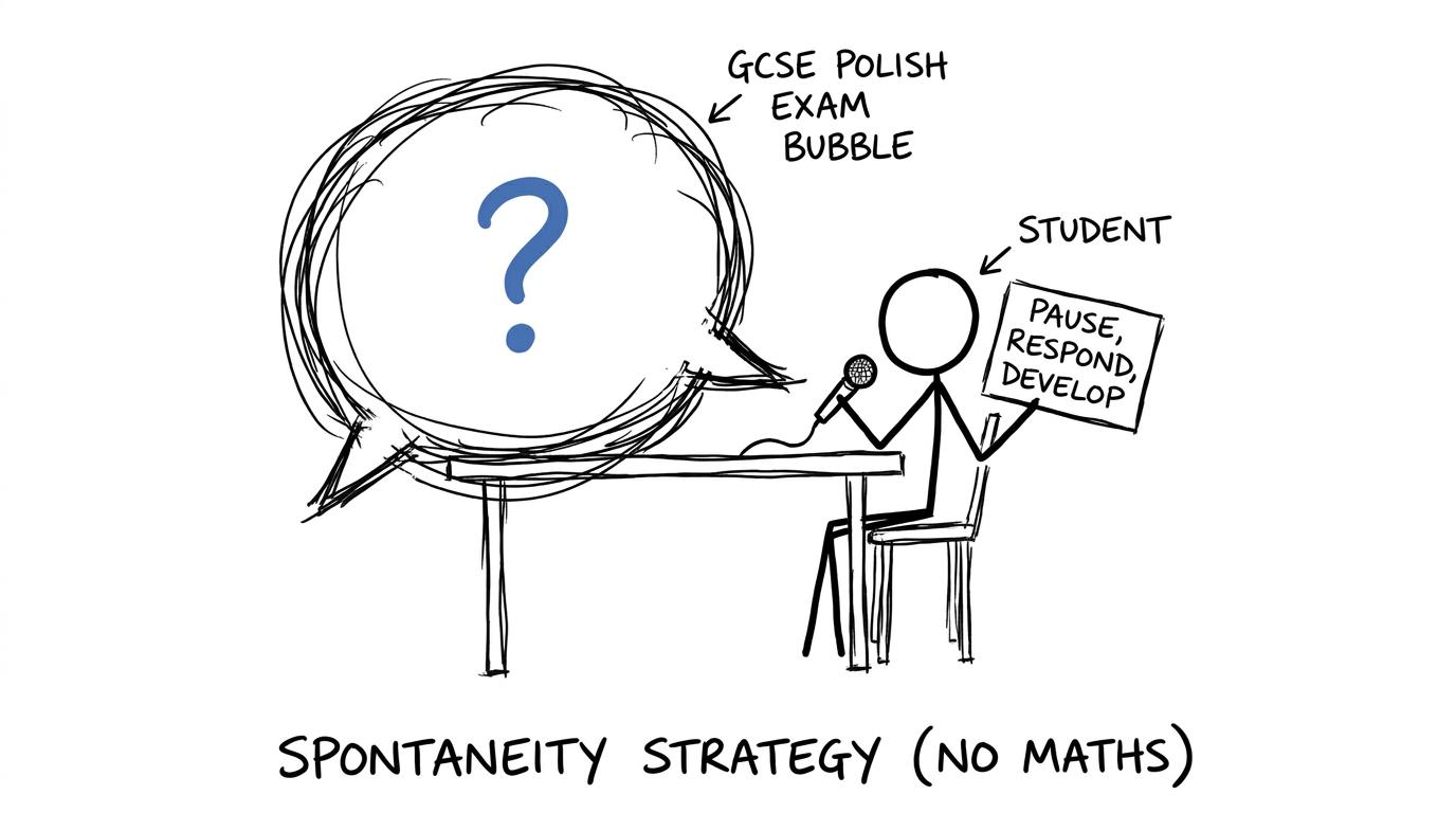A student calmly responds when a speech bubble asks an unexpected GCSE Polish question