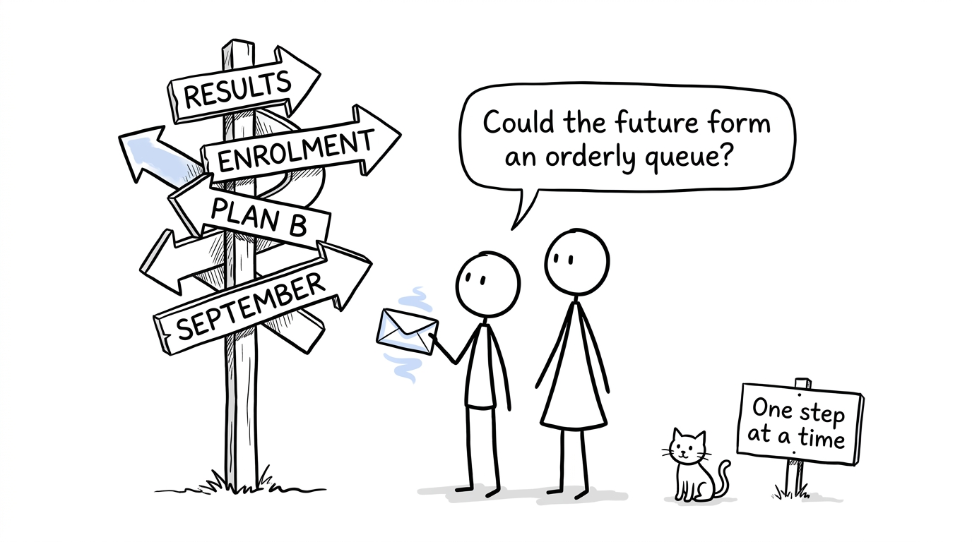 A student and parent navigating a comically complicated results-day signpost