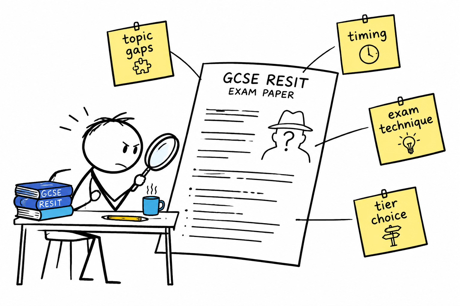 A GCSE resit student investigating topic gaps, timing, exam technique and tier choice