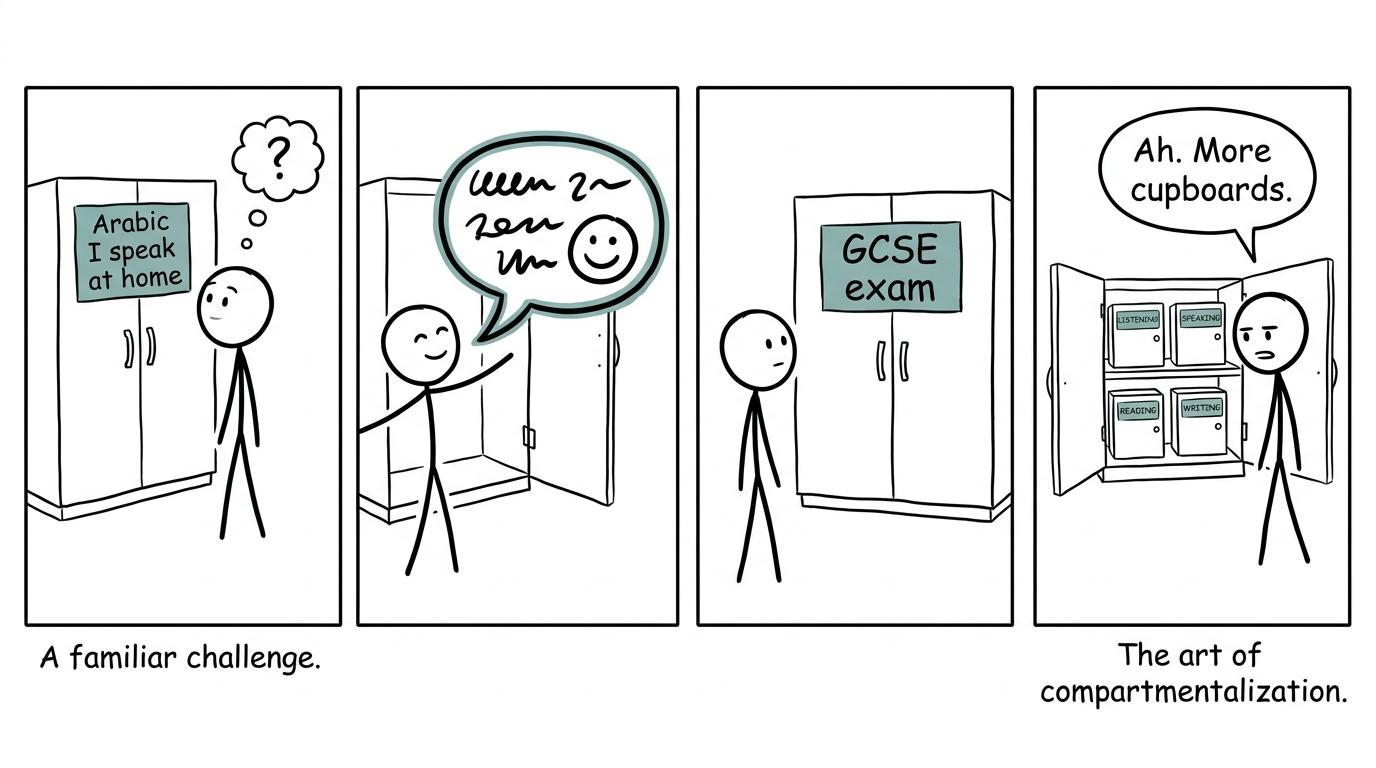 A student discovers that home Arabic and GCSE Arabic contain several different cupboards