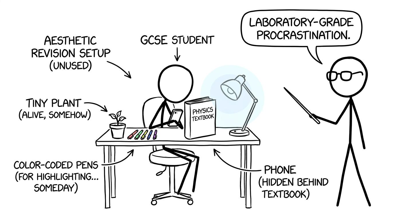 A perfect revision desk hiding laboratory-grade procrastination
