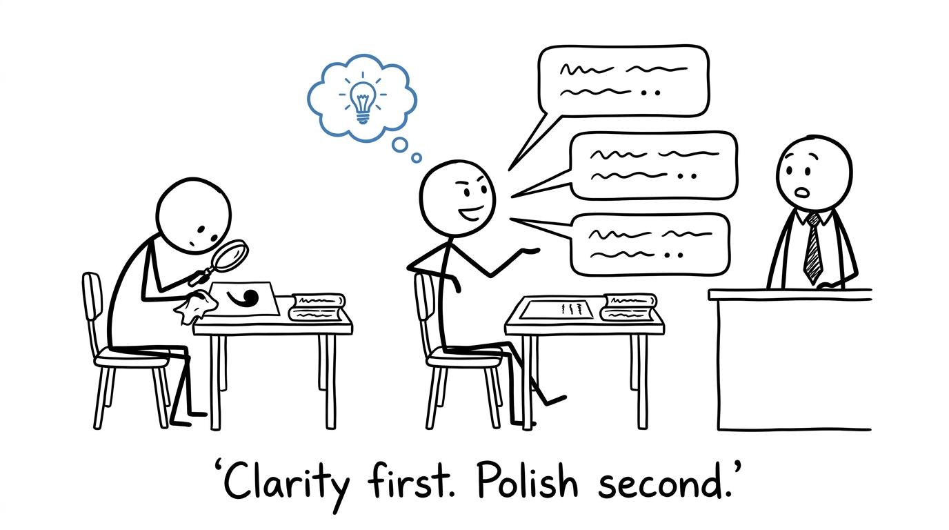 One student polishes a tiny detail while another communicates clearly
