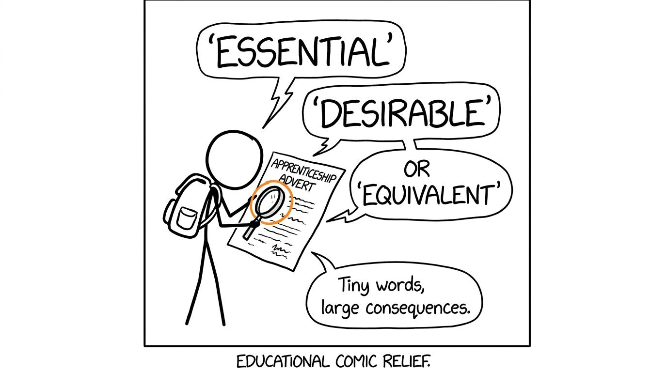 A student studies the words essential, desirable and or equivalent in a vacancy