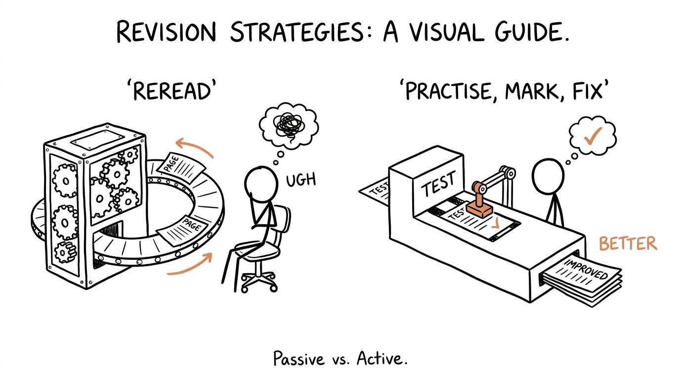 One revision machine rereads forever while another practises, marks and fixes