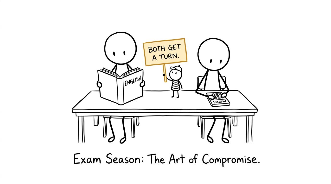 English and maths calmly taking turns at a shared revision desk