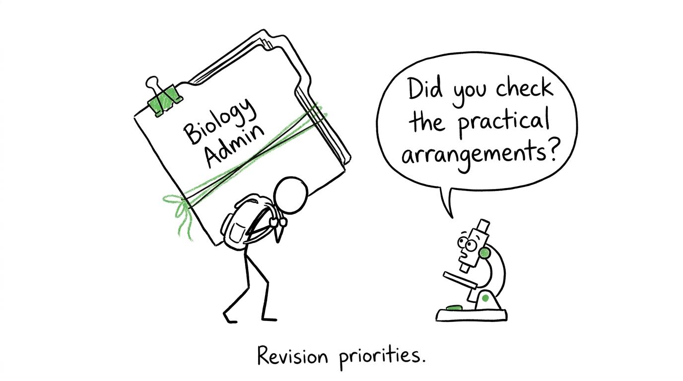 A student discovers that practical arrangements belong on the GCSE Biology checklist