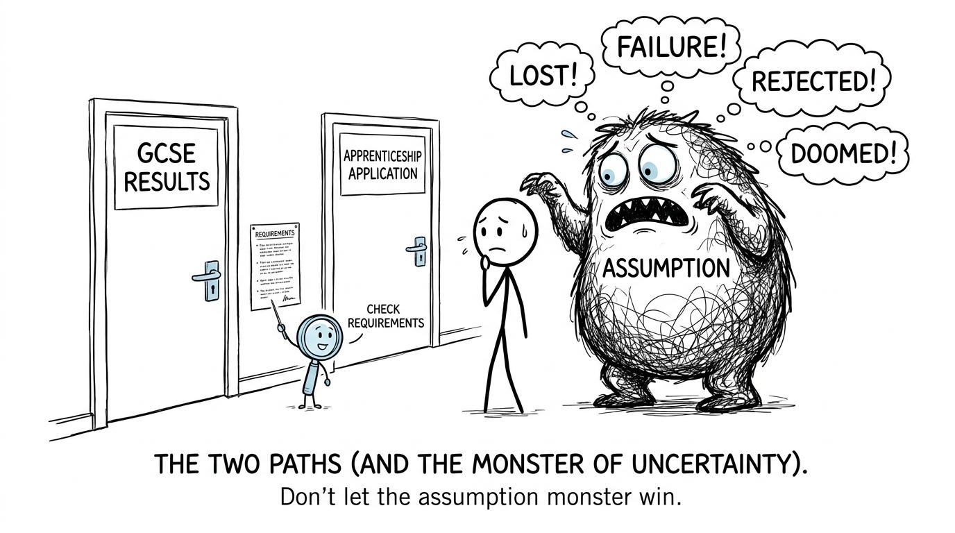 A student checks the small print while an assumption monster guesses at apprenticeship requirements