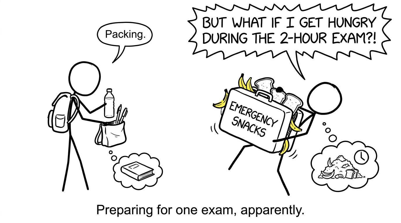 A student packs one water bottle while an enormous suitcase overflows with emergency toast and bananas