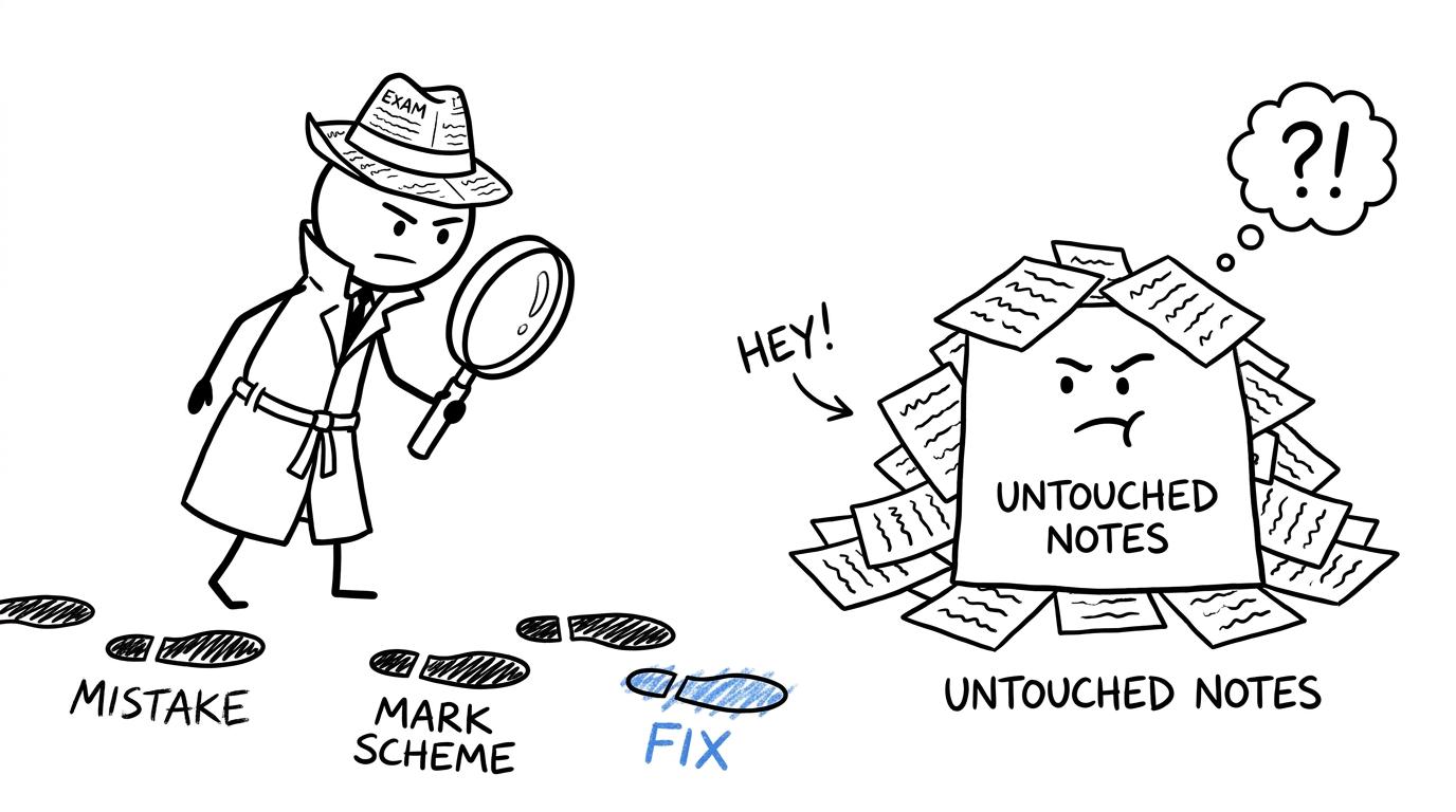 An exam-paper detective following mistake, mark scheme and fix clues
