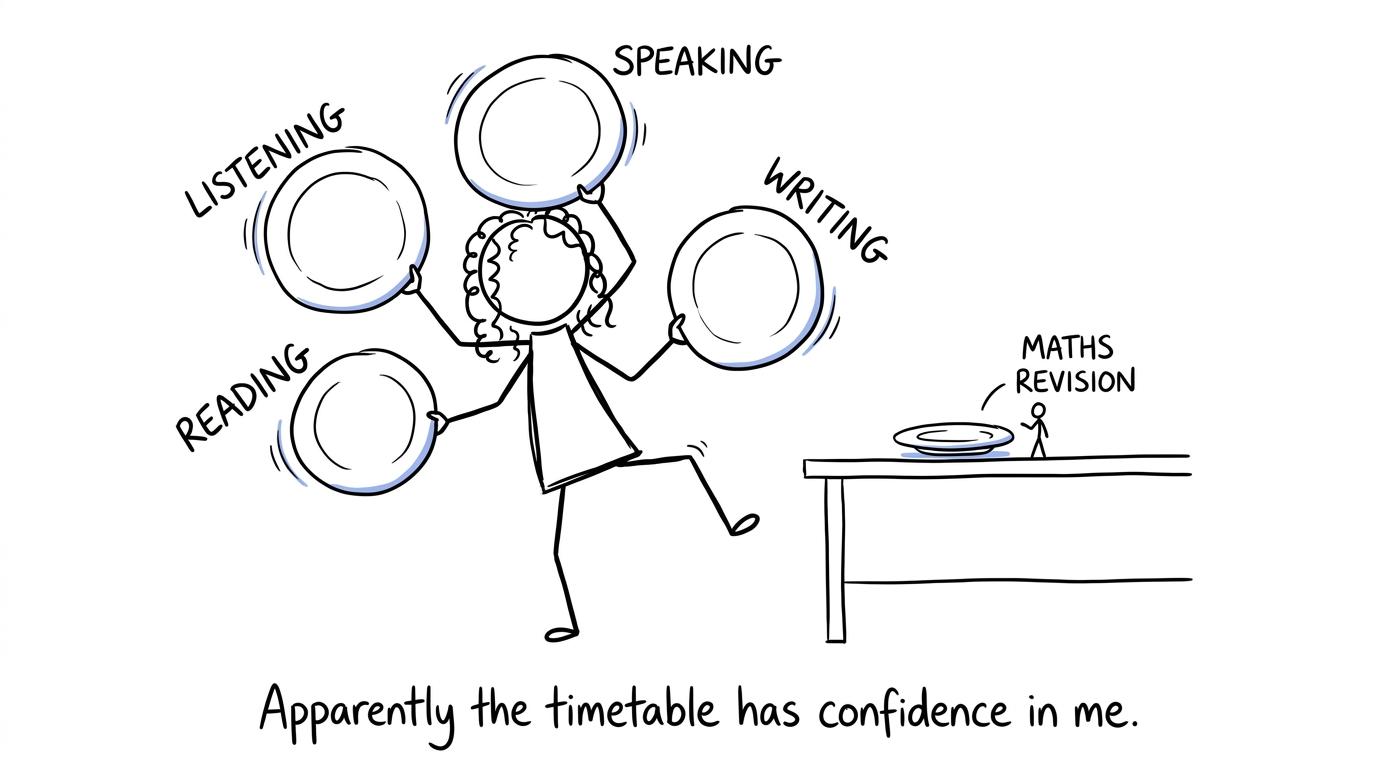 A GCSE student attempts to balance four language skills and maths revision