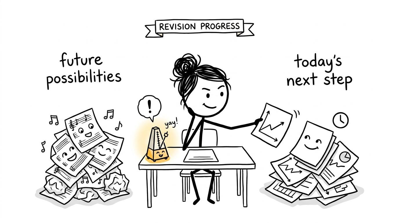 A student balancing future music possibilities with today's maths revision