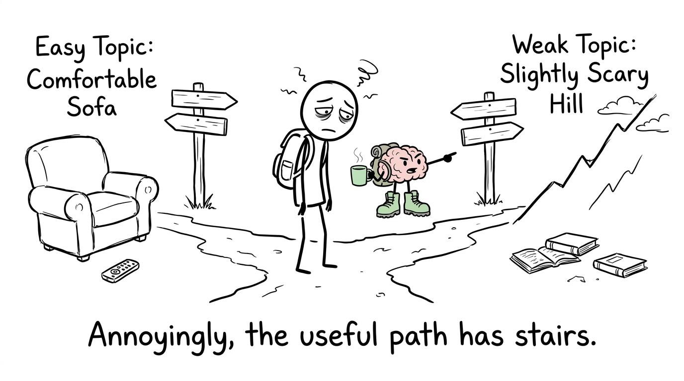 A student choosing between a comfortable easy topic and a useful difficult topic