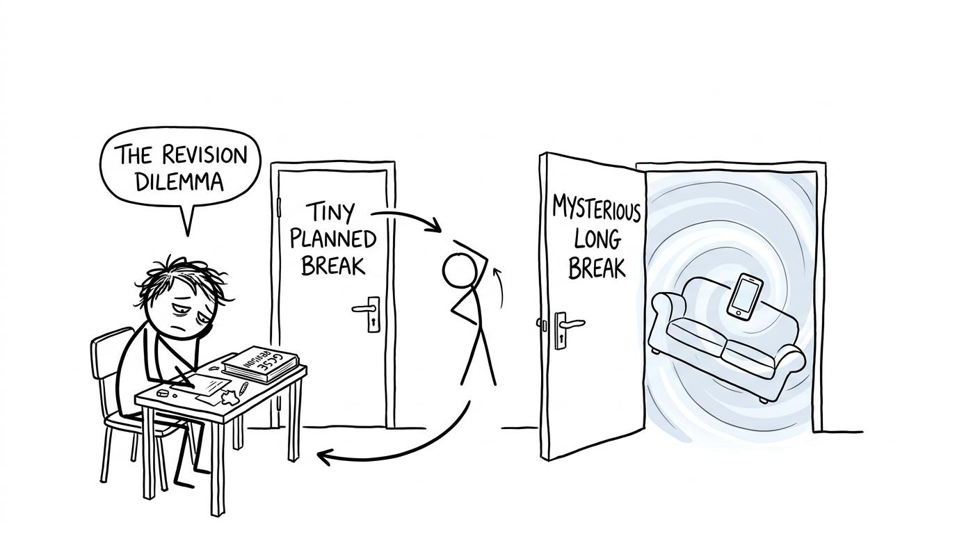 A student choosing between a planned stretch break and a mysterious sofa vortex
