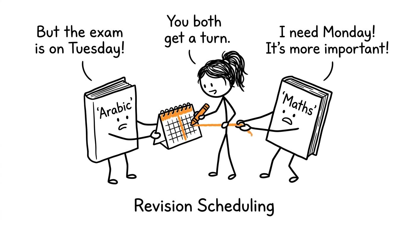 Arabic and maths books negotiate for space on a student's calendar